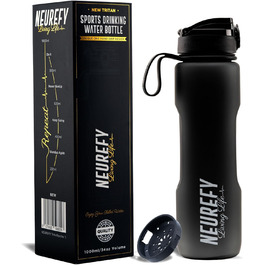 Спортивна пляшка NEUREFY 1 л чорна матова, Tritan, BPA-free, з носиком, для води, з фільтром, індикатором об'єму, для фітнесу, офісу, школи, університету, герметична