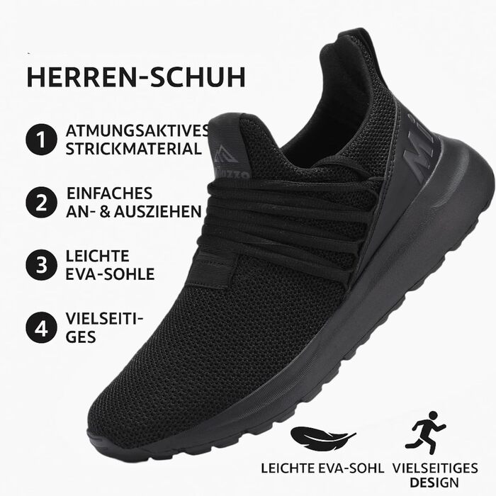 Чоловічі кросівки Milazzo для спорту та бігу – зручні, дихаючі, з неслизькою підошвою. Ідеальні для тренувань та повсякденного носіння (1229allesschwarz, 43 EU)