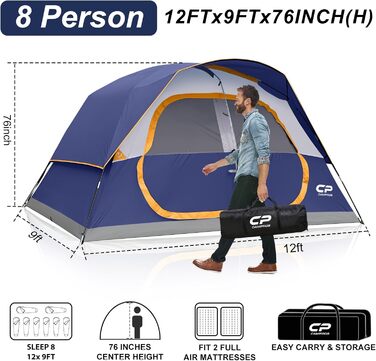 Намет сімейний CAMPROS Campingzelt 6 для 8 осіб, водонепроникний, 366x274x193 см, швидкий монтаж, 4 сезони, блакитний