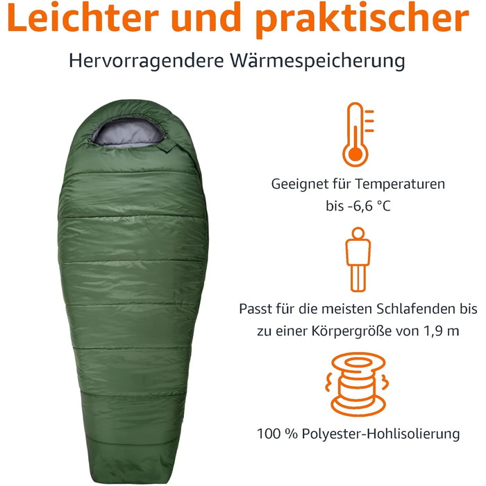 Сплячий мішок Amazon Basics для холодного клімату, для кемпінгу та піших прогулянок, легкий, мумієподібний, оливковий