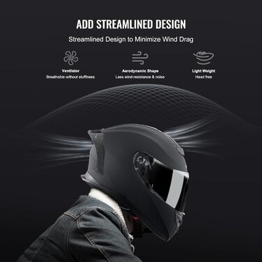 Мотошолом VEVOR інтегральний S, ABS, Bluetooth, змінне скло, DOT, чорний, для підлітків і дорослих