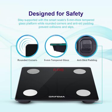 Ваги GRIFEMA Digitale Personenwaage з вимірюванням жиру та м'язової маси, Bluetooth, для BMI, протеїну, чорного кольору. Підключення через додаток.
