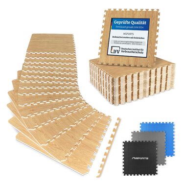 Набір захисних пазл-матів для підлоги MSPORTS Premium (8 шт, 3.2 м²) — протиковзаючий килимок для йоги, фітнесу та тренувань у домашньому залі, дизайн під світле дерево