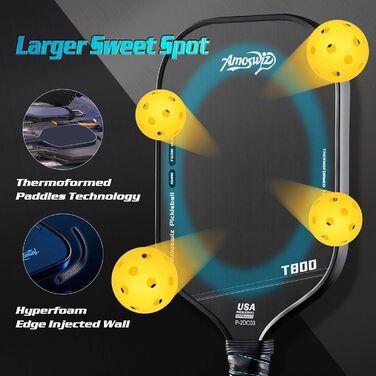 Ракетка для піклболу Amoswiz з карбону, 16 мм, T800 термоформована, для обертання, потужності та контролю, з чохлом та ластиком, подарунок для професіоналів та початківців (чорний)