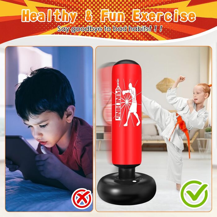 Груша боксерська дитяча Ninonly 160 см з рукавичками та насосом. Стійка груша для боксу в приміщенні, на вулиці, в спортзал для хлопчиків та дівчаток. Червоний колір.