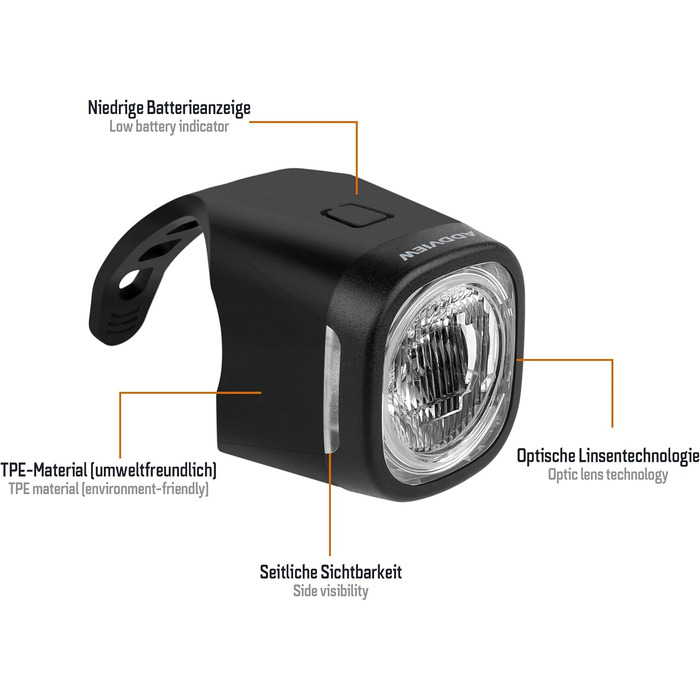 Набір велоліхтарів ADDVIEW, сертифікований StVZO, LED, IP65, водонепроникний - передній + задній ліхтар, USB Type-C, монтаж без інструментів, Twins