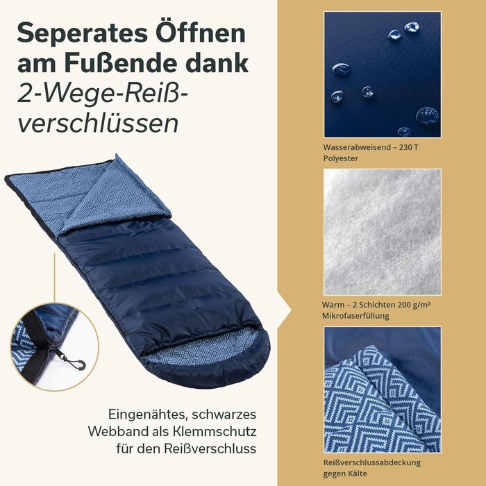 Спальний мішок Skandika Dundee Flanell: бавовна, преміум-якість, з'єднується, двомісний, 3 сезони, до -20°C, 220 x 80/160 см, Outdoor, Indigo, для кемпінгу