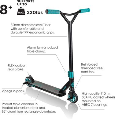 Трюковий самокат Globber GS 720 для підлітків, унісекс, чорний-бірюзовий, універсальний розмір