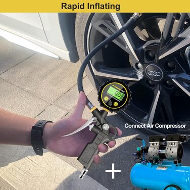 Цифровий манометр для шин ATsafepro, високопродуктивний вимірювач тиску до 200 PSI з гумовим шлангом і швидкоз'єднувачем, аксесуар для компресора