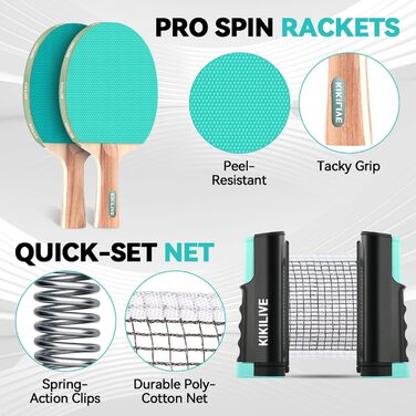 Набір для пінг-понгу для 2 гравців – 2 ракетки, сітка, 6 м'ячів – для гри в приміщенні та на вулиці, блакитний/зелений