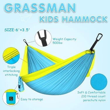 Дитяча гамак для кемпінгу Grassman, портативна гамак для дітей, дівчаток та хлопчиків, ультралегка, з ремінцями, блакитна (небесно-блакитна)
