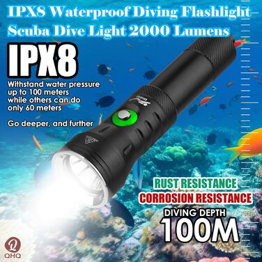 Ліхтар налобний QHQ Tauch з регулюванням яскравості, 2000 люмен, алюмінієвий корпус, IPX8, водонепроникний до 100 м, з акумулятором та зарядним пристроєм