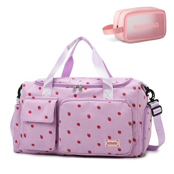 Жіноча маленька спортивна сумка для подорожей та ручної поклажі з відділенням для взуття, набором з сумки для залу та косметички (Полунично-фіолетова)