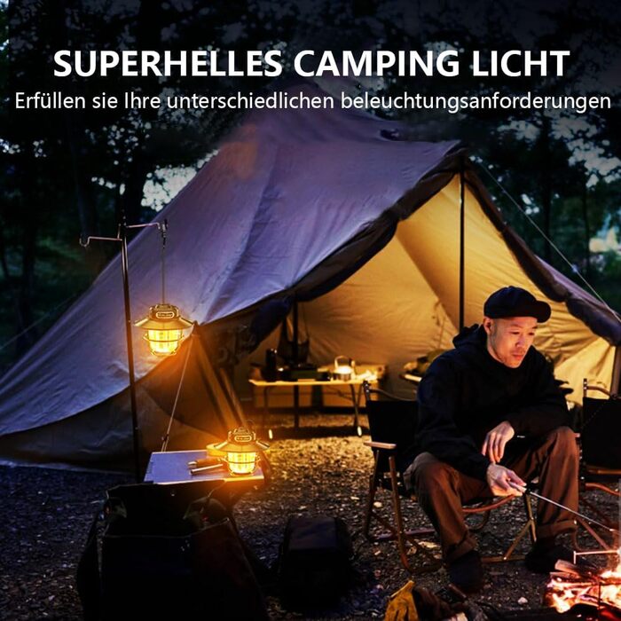 LED кемпінговий ліхтар: портативна налобний ліхтар для кемпінгу, риболовлі, з 4 режимами освітлення, регулюванням яскравості, водонепроникний (IP65), USB-зарядка, чорний