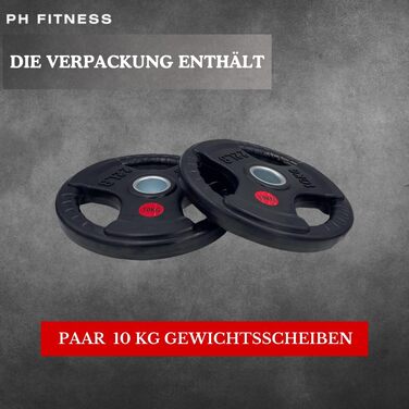 Олімпійські диски для штанги PH Fitness 2×10 кг, чавунні з гумовим покриттям, трихватні, 50 мм – набір для силових тренувань, домашній спортзал