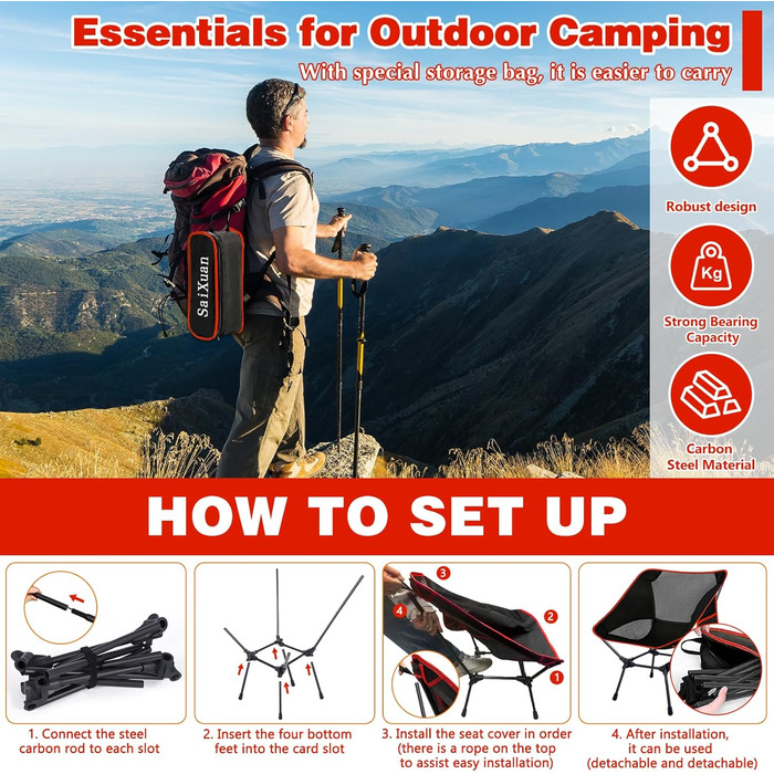 Складний туристичний стільчик SaiXuan з кишенею та сіткою, до 120 кг, для відпочинку, риболовлі та пікніків