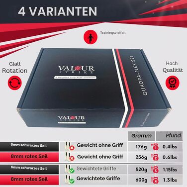 Обважнене скакалка Valour Strike Quadra-Flex Set для кардіо-тренувань, HIIT та фітнесу вдома та на вулиці