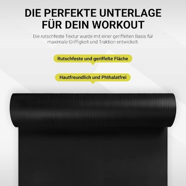 MSPORTS Килимок для гімнастики та йоги Studio 183 x 61 x 1/1.5 см | з постерами та ручками | М'який, без фталатів, чорний