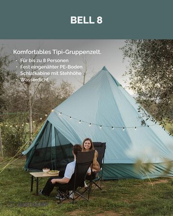 Намет JUSTCAMP Bell Tipi для сім'ї та групи - 4 розміри (4-12 осіб) - водонепроникний (3000 мм) - з висотою в стійці - 2 кольори (сірий, м'ятний) (8 осіб - м'ятний)
