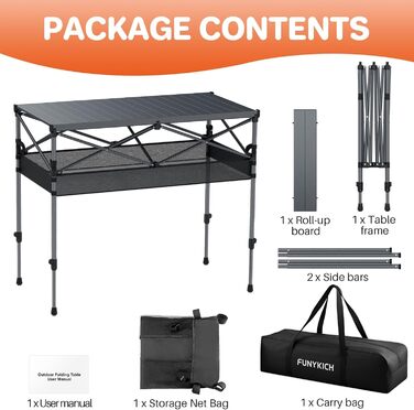 Складаний туристичний стіл FUNYKICH 82x40 см з регулюванням висоти (44/70 см), з сітчастою кишенькою, для пікніка, кемпінгу, BBQ, саду, партії. Розміри: 100x50x(70/87) см