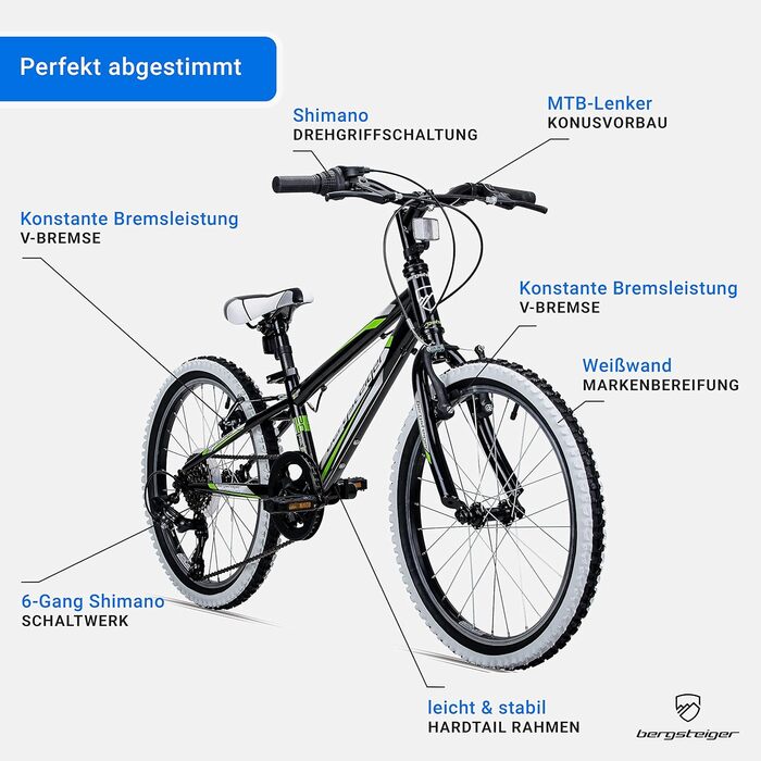 Дитячий велосипед Bergsteiger Kansas 20 дюймів, рожевий, для дівчаток 6-9 років, Shimano 6 швидкостей, гірський, з білими шинами
