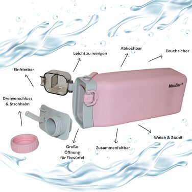 Складана пляшка для води Mauzer® з трубочкою - 600 мл, силікон, BPA free, для дітей, спорту, подорожей, кемпінгу, фестивалів (Рожева)