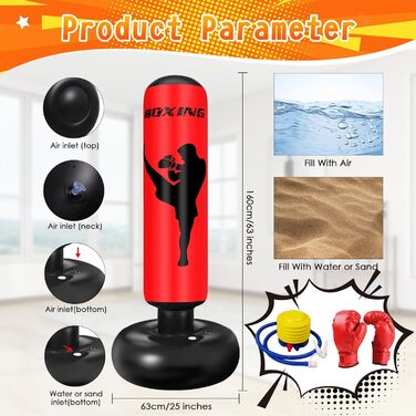 Груша боксерська дитяча Ninonly 160 см з рукавичками та насосом для дому, вулиці, спортзалу (Червона)