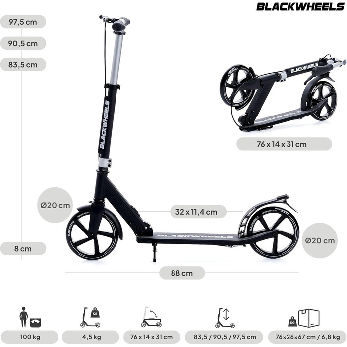 Самокат Blackwheels Orio Cityroller складаний, 200мм колеса, алюмінієва рама, ABEC 7, чорний – для підлітків та дорослих