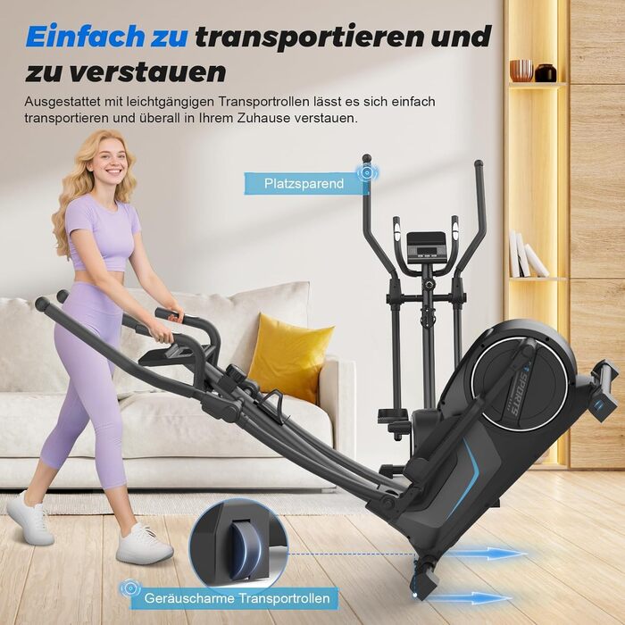 Еліптичний тренажер Neezee для дому: тихий, з 16 рівнями опору, 8 кг маховиком, LCD-дисплеєм (Bluetooth), до 150 кг, чорний