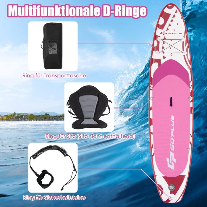 Надувна SUP-дошка COSTWAY 325x76x16 см, до 150 кг, з рюкзаком, насосом, регульованим веслом, страховочним шнуром, еластичним шнуром та ремкомплектом, рожева, без сидіння