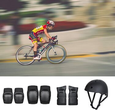 Комплект захисту SANON для дорослих (7 предметів): шолом, наколінники, налокітники, захист зап'ясть для велосипеда, ролика, скейтборду, чорний, розмір M (41-60 кг)
