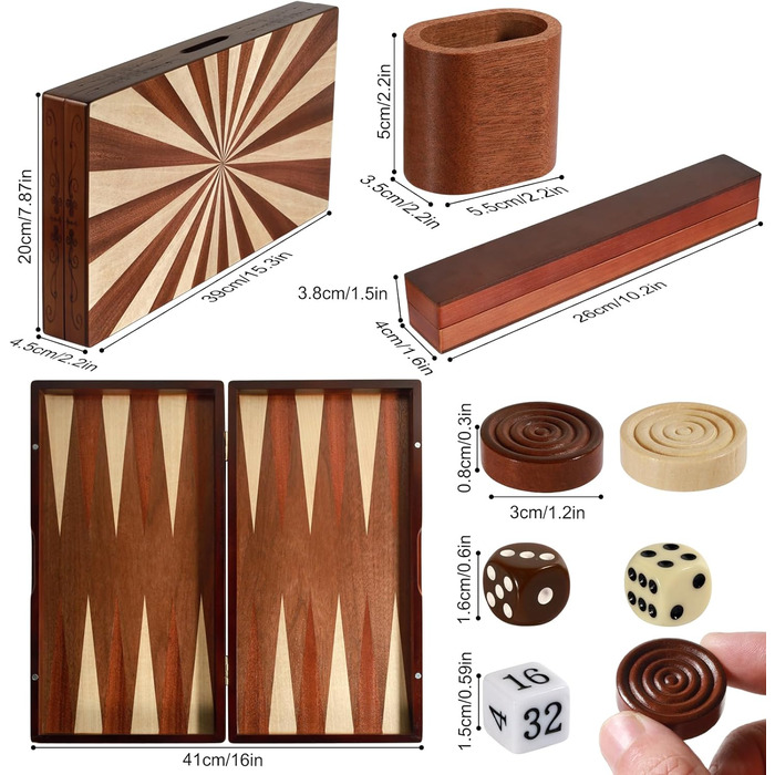 Набір для гри в шашки та нарди Syrace Holz з дерев'яним кейсом, класичний набір для стратегічних ігор, 40 см, для дорослих та дітей (Сонячне колесо)