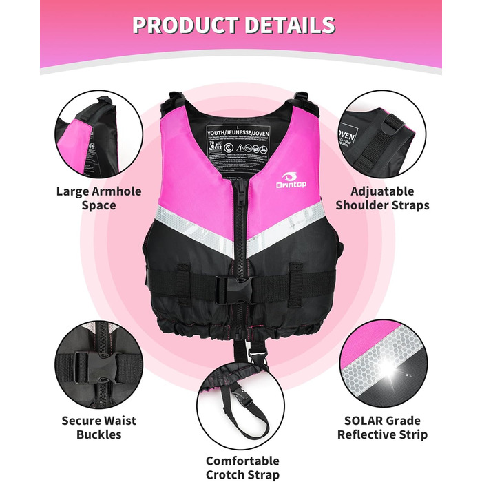 Owntop Жилет для плавання для дітей та підлітків. Легка унісекс жилетка з регулюванням, для каякінгу, риболовлі, плавання та інших водних видів спорту. Рожевий, розмір Jugend-XXS (30-40 кг, 70-80 см)