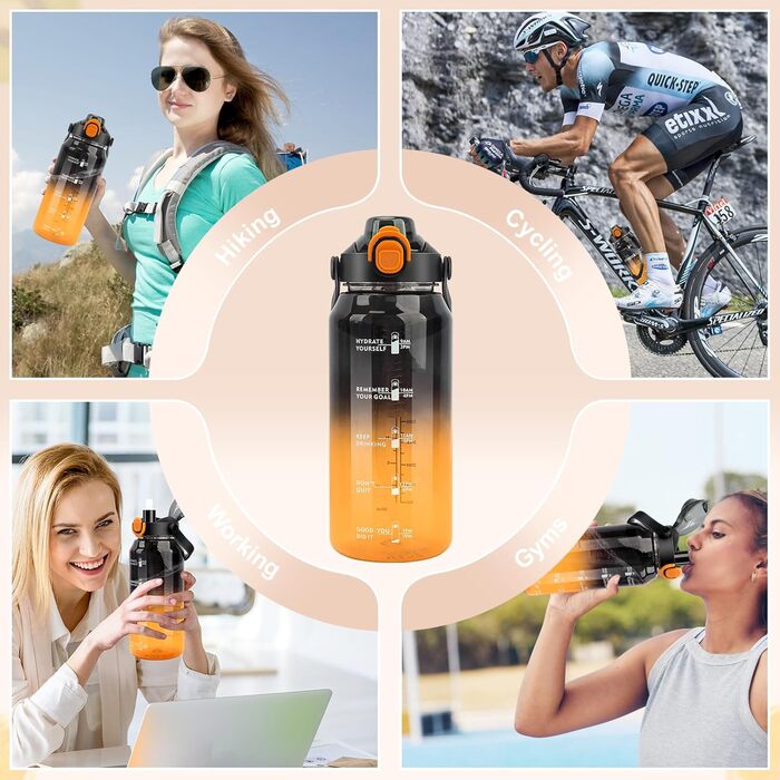 Спортивна пляшка для води MOMSIV 2L з трубочкою та контейнером для фруктів, з позначками часу, чорно-помаранчевого кольору, BPA-Free, для фітнесу, кемпінгу, йоги