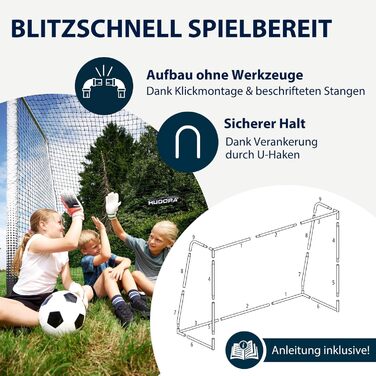 Ворота для футболу HUDORA Pro Tect Advanced – зовнішні, з сіткою та захисною оболонкою для дітей та дорослих. Легкий монтаж, білі, 240 x 160 см