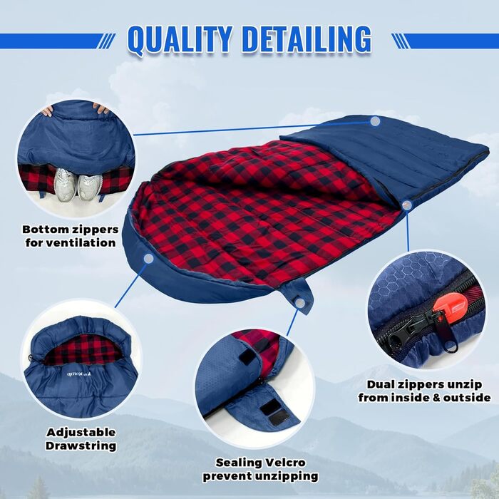 Спальний мішок Outdoor Flanell Warmer для кемпінгу: бавовняний, теплий, для 3-4 сезонів, до -1°C, XXL, 230x90 см (Navy-R-Zip)