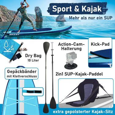 SUP Board BRAST Shark надувний, 320x81x15 см, блакитний: комплект для падлбордингу з аксесуарами (каяк-сидіння, камера, помпа, рюкзак)
