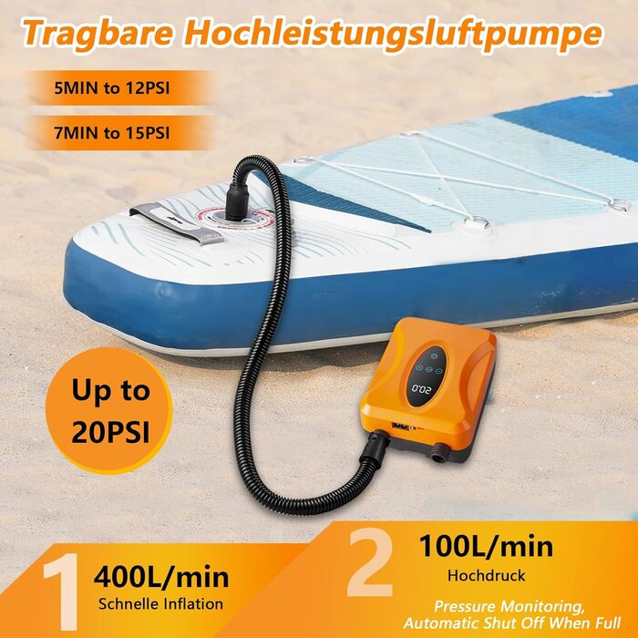 Електричний насос для SUP-дошки 20 PSI, акумуляторний інтелектуальний компресор з двома режимами (накачування та випуск повітря) для падлборду, кайта, надувних матраців та кемпінгових наметів