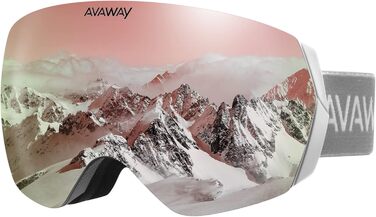 Сферичні лижні окуляри AVAWAY для дорослих та підлітків OTG з UV-захистом, антифог, для окулярів, сумісні з шоломом, дзеркальні, білі з рожевою лінзою VLT 27%