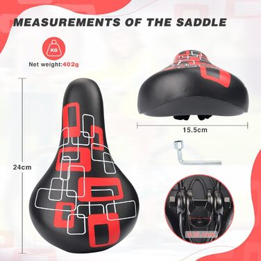 Дитячий велосипедний сидіння – м'яке та водонепроникне, з антиковзким покриттям, широке, Dual Shock для 12, 14, 16, 18, 20 дюймових велосипедів (чорний/червоний)