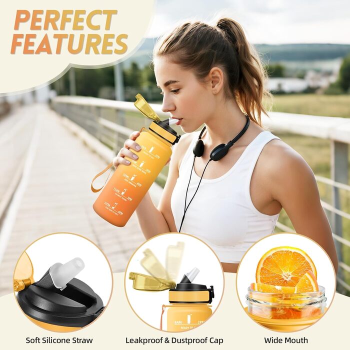 Спортивна пляшка для води Motswedi 1500 мл з трубочкою, BPA-free, жовто-оранжева
