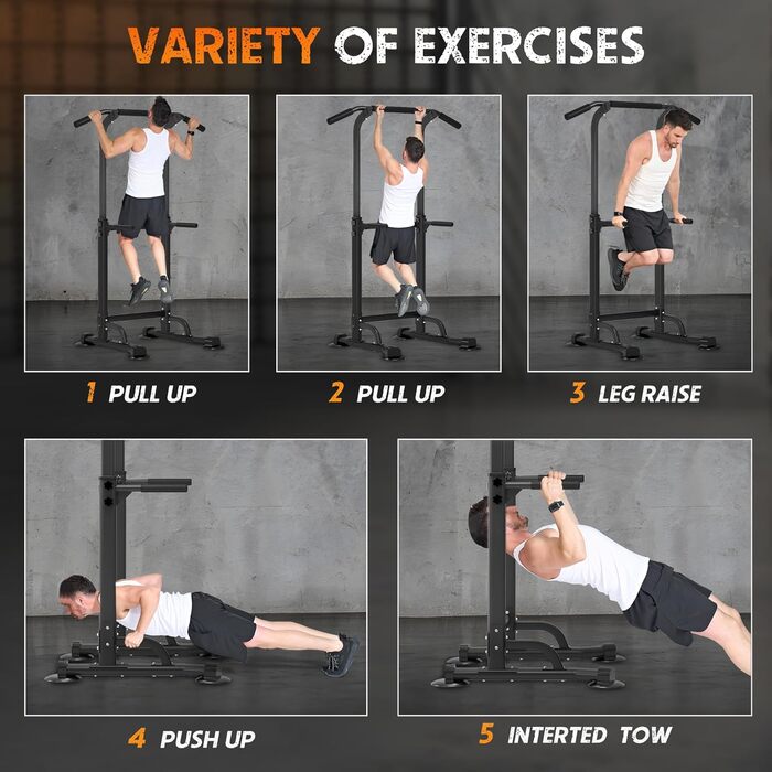 Багатофункціональна турнікова станція AuraCraft Power Tower, регульована висота 169-210 см, чорна. Тренажер для дому, 74x81 см