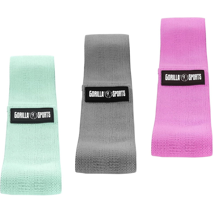 Гума для фітнесу GORILLA SPORTS® - набір 3 шт., з сумкою, 3 рівні опору та кольори, 76 см, нековзна, гумова - еспандер, фітнес-гумка, тренувальний банд, hip bands, йога, тренування ніг