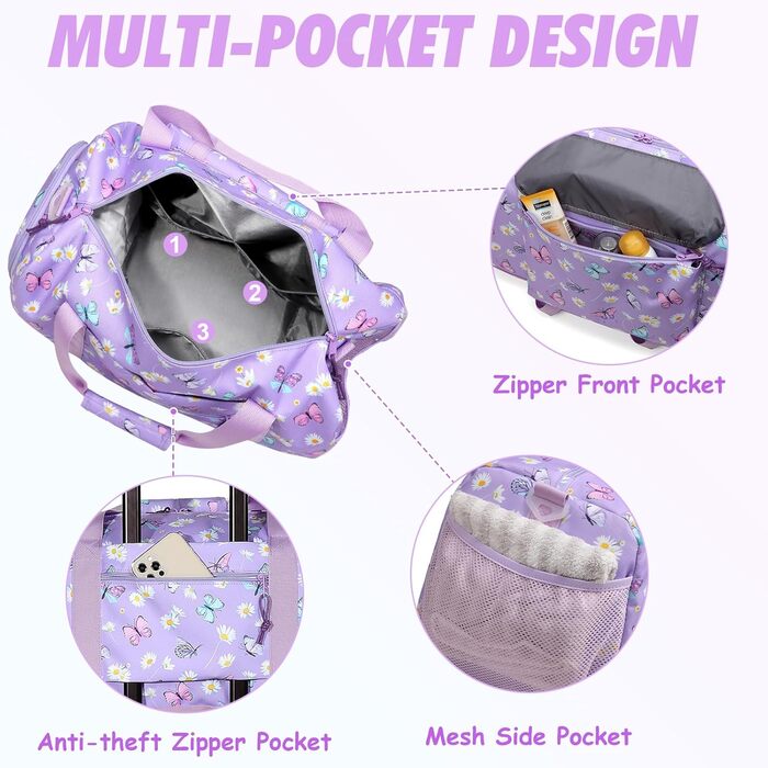 Спортивна сумка для дітей, дорожня сумка, мішок-сумка, спортивна сумка для плавання, для хлопчиків та дівчаток, водовідштовхувальна, з відділенням для взуття (фіолетовий метелик)