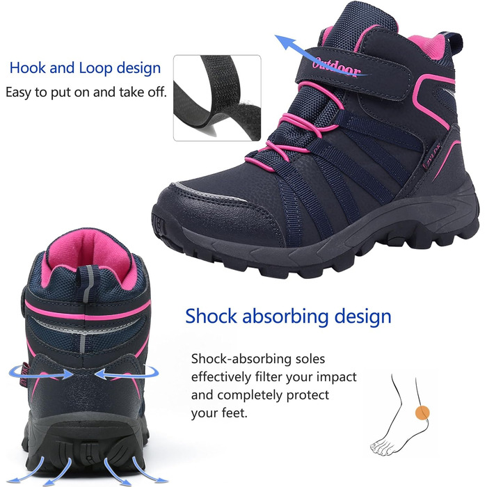 Дитячі зимові чоботи: теплий фліс, водонепроникність, для дівчаток та хлопчиків, підошва для трекінгу, синій та рожевий кольори, розмір 34 EU
