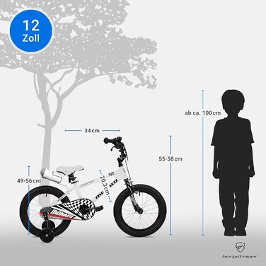 Дитячий велосипед Bergsteiger Monaco 12 дюймів, для 3-4 років, BMX, з додатковими колесами, заднім гальмом, пляшкою та захистом ланцюга
