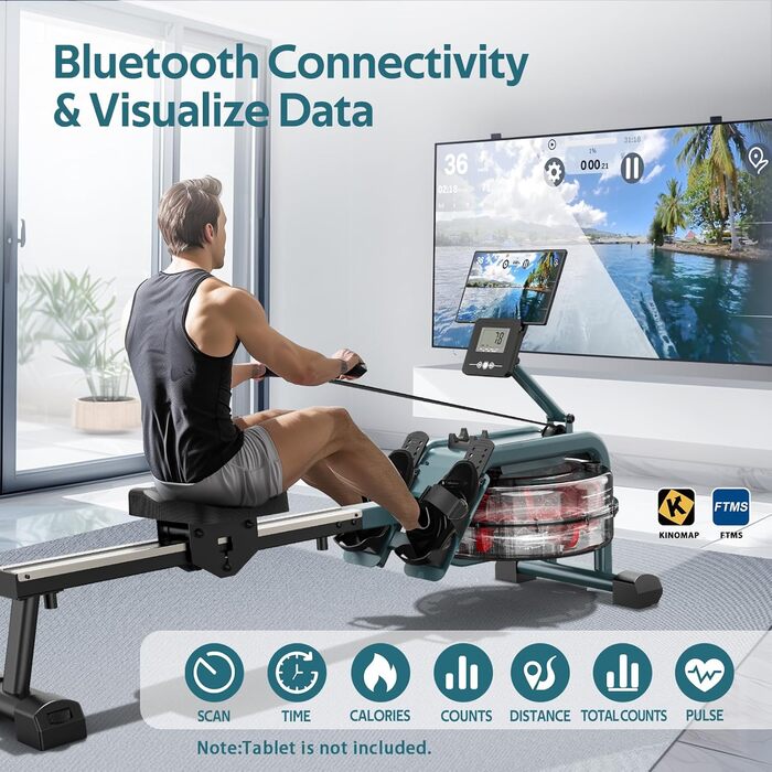 Водний гребний тренажер VOWVIT для дому з Bluetooth монітором і тримачем для планшета, сумісний з додатком Kinomap, проста збірка, максимальний зріст користувача 210 см