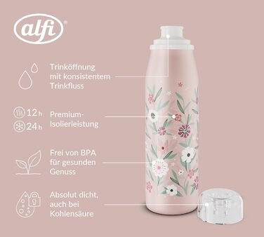 Термос-пляшка alfi KIDS ISO 500 мл рожевий для дітей, нержавіюча сталь, герметична, з кришкою, тримає 12 годин тепло, 24 години холод, для газованої води, BPA-free