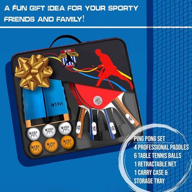 Набір для пінг-понгу: 4 професійні ракетки, розтягуване сітка, 6 м'ячів, сумка - для гри в приміщенні та на вулиці