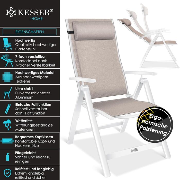 Крісло садове KESSER® з високою спинкою, з підлокітниками, алюмінієве, розкладне, з подушкою та чохлом. Регулювання спинки 7 положень, дихаюча тканина, стійке до погодних умов. 1 шт. (Taupe)